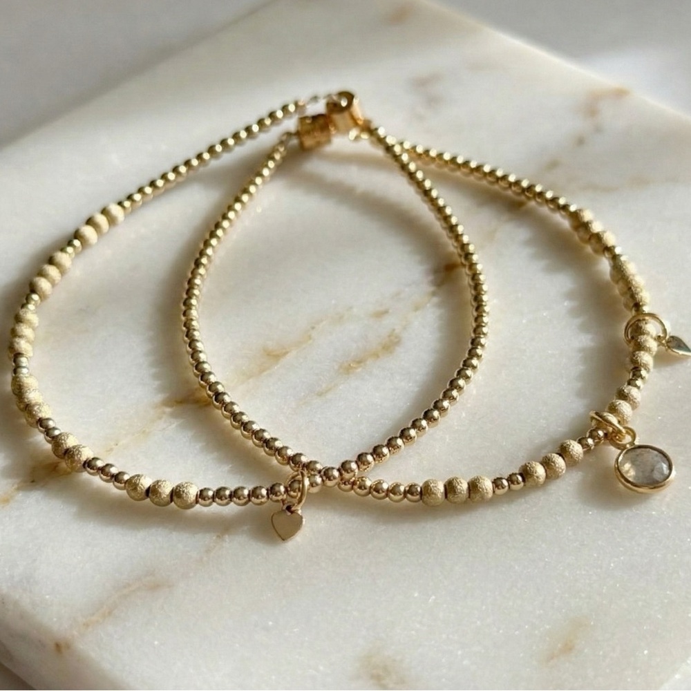 Gold Filled Beaded Stacking Bracelets Set with Labradorite & Heart Charms